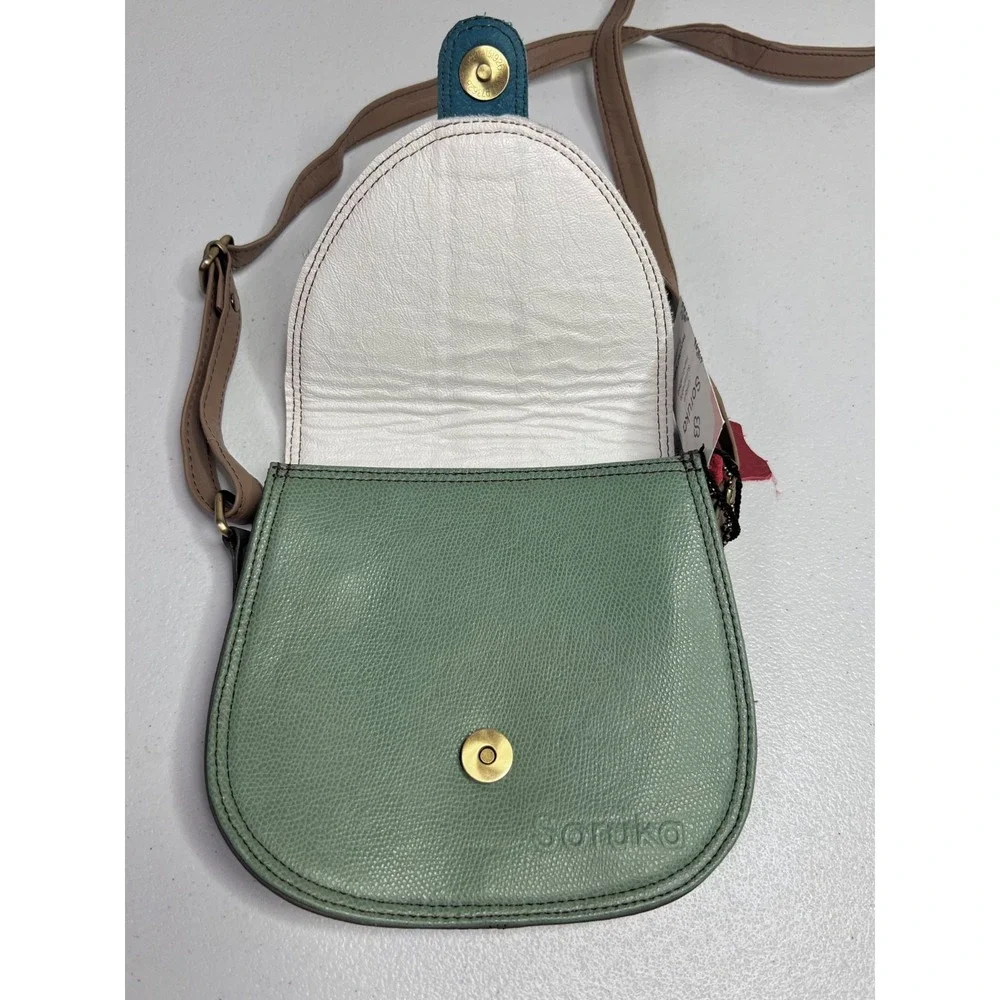 Soruka Ferrara Leather Crossbody Bag Green Pink Calf Hair Animal Print Purse NEW
